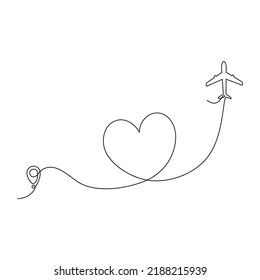 Airplane continuous line drawing with map pin pointer in heart shape. Airplane flying with start point. Vector isolated on white.