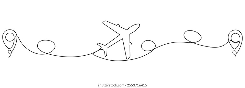Dibujo de línea continua de avión con puntero de pin de mapa. Avión volando con ruta de punto de inicio. Símbolo de destino de viaje. Vector aislado en blanco.