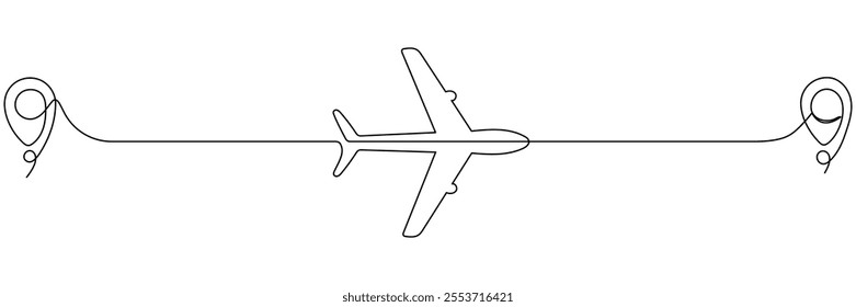 Dibujo de línea continua de avión con puntero de pin de mapa. Avión volando con ruta de punto de inicio. Símbolo de destino de viaje. Vector aislado en blanco.