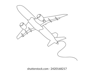 avión en dibujo continuo de una línea. El despegue es la fase de vuelo en la que un vehículo aeroespacial sale del suelo y pasa a ser aerotransportado. Ilustración del vector
