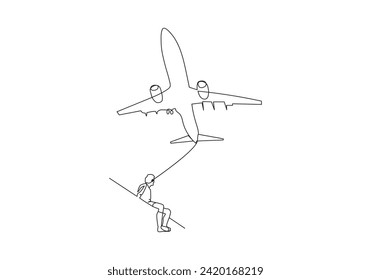 avión en dibujo continuo de una línea. El despegue es la fase de vuelo en la que un vehículo aeroespacial sale del suelo y pasa a ser aerotransportado. Ilustración del vector
