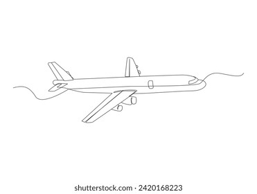 avión en dibujo continuo de una línea. El despegue es la fase de vuelo en la que un vehículo aeroespacial sale del suelo y pasa a ser aerotransportado. Ilustración del vector
