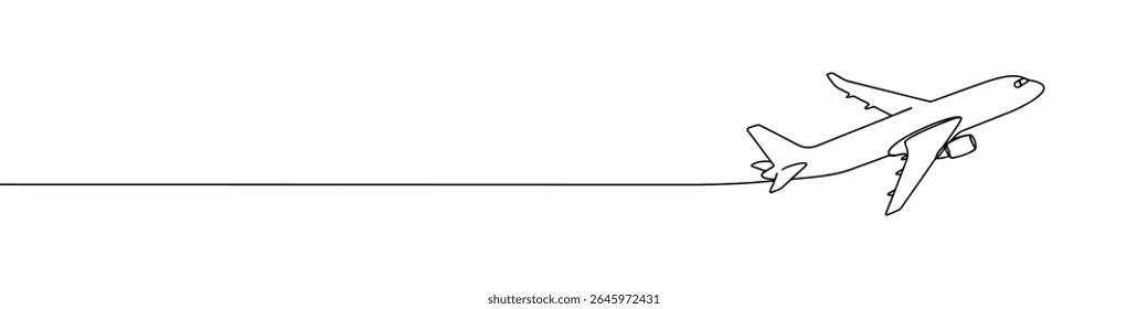Airplane continuous one line drawing. Plane sign in simple linear style. Vector illustration.