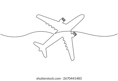 Airplane continuous one line drawing, vector.