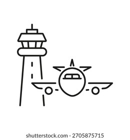 Ícone Da Linha Avião E Torre De Controle. Símbolo Da Estrutura De Tópicos Da Gestão Da Aviação E Das Operações Aeroportuárias. Coordenação De Voo E Controlo De Tráfego Aéreo. Traço editável. Ilustração de vetor isolada.