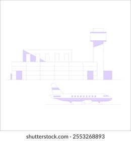 Airplane And Control Tower With Terminal In Flat Vector Illustration Symbolizing Air Transport, Airport, And Logistics, Isolated On White Background