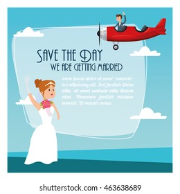 airplane couple cartoon girl boy man woman save the date wedding icon. Colorfull and flat illustration. Vector graphic