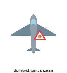 airplane and covid 19 virus sign icon over white background, flat style, vector illustration