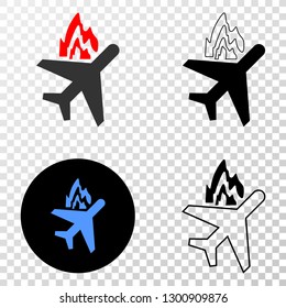 Airplane crash EPS vector pictogram with contour, black and colored versions. Illustration style is flat iconic symbol on chess transparent background.