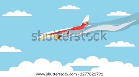 Airplane crash, plane with burning engine goes down. Air transport accident in sky, danger situation during flight, damaged aircraft. Cartoon flat isolated illustration. Vector concept
