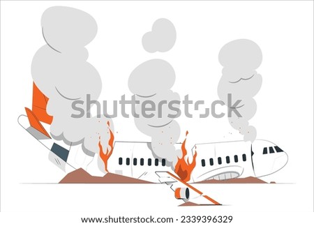 Airplane crashed accident. Vector sketch illustration line arts, colorful. Crashed Airplane. plane crashed on the ground in field. aircraft with exploding aero engine just before air crash. 2231