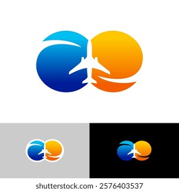 Airplane creative logo. Plane silhouette top view above the two round spheres of blue and orange color with dynamic motion arrow lines. Travel over the world symbol. West and east air connection.