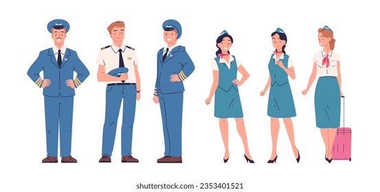 Airplane crew. Airline staff, aircraft commander airplane pilot or attendant flight stewardess aviation team uniform workers occupation, vector illustration of aviation professional crew and staff