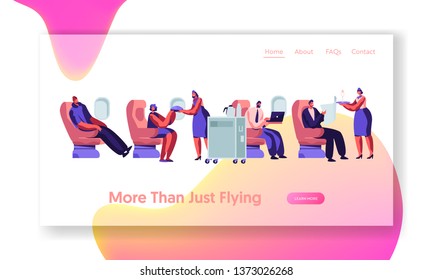 Airplane Crew and Passenger Characters in Plane. Stewardess Giving Meal to People Sitting on Chairs in Aircraft Economy Class. Website Landing Page, Web Page. Cartoon Flat Vector Illustration, Banner