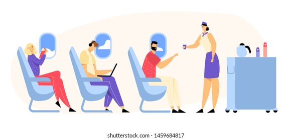 Airplane Crew and Passenger Characters in Plane. Stewardess Giving Drink to Happy People Sitting on Chairs in Economy Class of Aircraft. Airline Transportation Service Cartoon Flat Vector Illustration