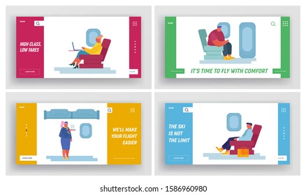 Página de aterrizaje del sitio web del avión: tripulaciones de aviones y personajes de pasajeros. Las azafatas beben a la gente sentada en sillas de aeronaves, banner de la página web del servicio de aerolíneas. Ilustración de vectores planos de dibujos animados
