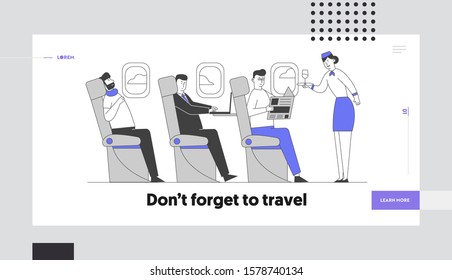 Airplane Crew and Passengers in Plane Website Landing Page. Stewardess Giving Drink to People Sitting on Chairs in Economy Class of Aircraft Web Page Banner. Cartoon Flat Vector Illustration, Line Art