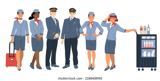 Airplane crew pilot, assistant and stewardesses with luggage and food trolley. Aircraft staff, in uniform, professional team of workers male and female characters, Line art flat vector illustration