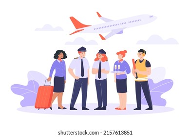 Airplane crew or staff flat vector illustration. Male and female pilots in command, flight attendants or stewardess in uniform standing together. Team, job, aviation, airline concept