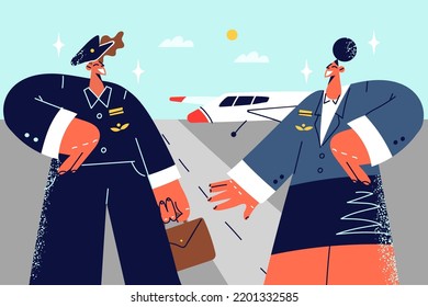 Airplane crew in uniform standing near aircraft outdoors. Stewardess and pilot posing in airport. Plane attendant and captains. Vector illustration. 