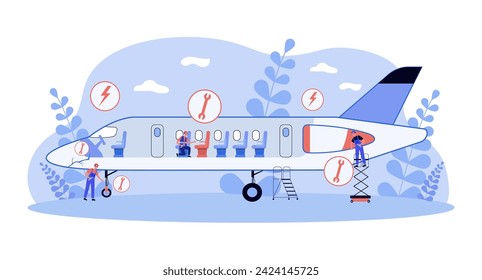 Airplane cross section with wrench icons showing places to repair. Vector illustration. Servicemen inspecting unsafe aircraft to find violations in construction. Servicing aircrafts concept