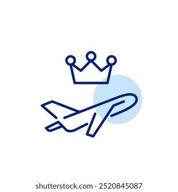 Flugzeug und Krone. Premium-Fahrkarte. Top-Tier-Services, Upgrades oder Priority Boarding für Vielflieger. Pixel perfekt, bearbeitbares Strichsymbol