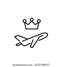 Airplane and crown. Premium travel ticket. Top-tier services, upgrades, or priority boarding for frequent flyers. Pixel perfect, editable stroke icon