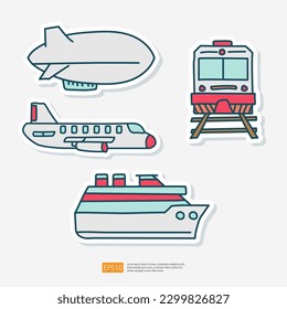 Airplane, Cruise Ship, Commute Train, Helium Airship Doodle Sticker Set Vector Illustration