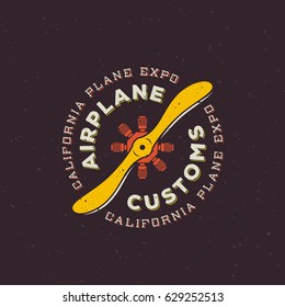 Airplane Customs Vector Retro Label, Sign or Logo Template. Vintage Plane Air Screw with Circle Typography and Shabby Texture. On Dark Background.