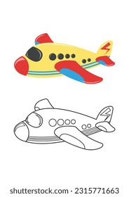 Airplane cute vector illustration cartoon isolated on white background. Aeroplane vector colored and colorless. Cute coloring page for kids. 