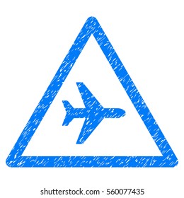 Airplane Danger grainy textured icon for overlay watermark stamps. Flat symbol with scratched texture. Dotted vector blue ink rubber seal stamp with grunge design on a white background.