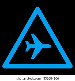 Airplane Danger vector icon. Style is flat blue symbol, rounded angles, black background.