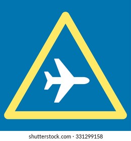 Airplane Danger vector icon. Style is flat bicolor yellow and white symbol, rounded angles, blue background.