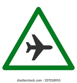 Airplane Danger vector icon. Style is flat bicolor green and gray symbol, rounded angles, white background.