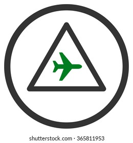Airplane Danger vector icon. Style is bicolor flat circled symbol, green and gray colors, rounded angles, white background.