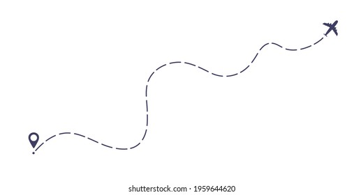 Airplane dashed line path flat style design vector illustration isolated on white background. The plane icon follow from start pin point to finish by dashed line. Airplane route trace flight air map.