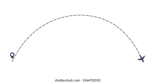 Airplane dashed line path flat style design vector illustration isolated on white background. The plane icon follow from start pin point to finish by dashed line. Airplane route trace flight air map.