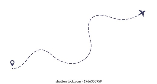 Airplane dashed line path flat style design vector illustration isolated on white background. The plane icon follow from start pin point to finish by dashed line. Airplane route trace flight air map.