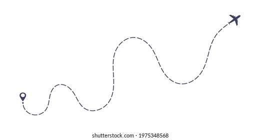 Airplane dashed line path flat style design vector illustration isolated on white background. The plane icon follow from start pin point to finish by dashed line. Airplane route trace flight air map.