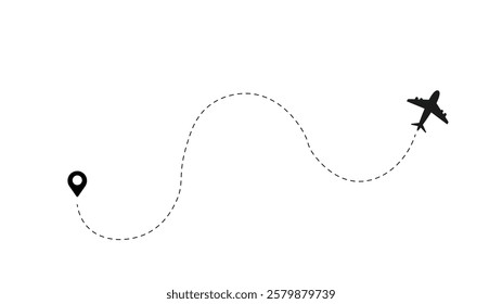 Airplane dashed line path flat style design isolated on white background.  plane icon follow from start pin point to finish by dashed line. Airplane route trace flight air map.