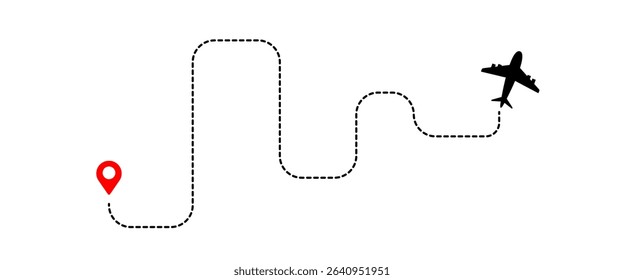 Airplane dashed line path flat style design isolated on white background. plane icon follow from start pin point to finish by dashed line. Airplane route trace flight air map.	