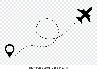 Design de estilo plano de trajeto de linha tracejada do avião isolado no plano de fundo branco. ícone plano siga do ponto de início do pino para terminar por linha tracejada. Mapa de voo de rastreamento de rota de avião.