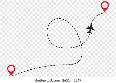 Design de estilo plano de trajeto de linha tracejada do avião isolado no plano de fundo branco. ícone plano siga do ponto de início do pino para terminar por linha tracejada. Mapa de voo de rastreamento de rota de avião.