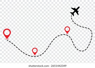 Design de estilo plano de trajeto de linha tracejada do avião isolado no plano de fundo branco. ícone plano siga do ponto de início do pino para terminar por linha tracejada. Mapa de voo de rastreamento de rota de avião.