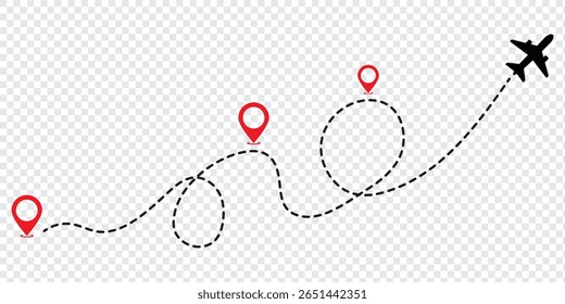 Design de estilo plano de trajeto de linha tracejada do avião isolado no plano de fundo branco. ícone plano siga do ponto de início do pino para terminar por linha tracejada. Mapa de voo de rastreamento de rota de avião.