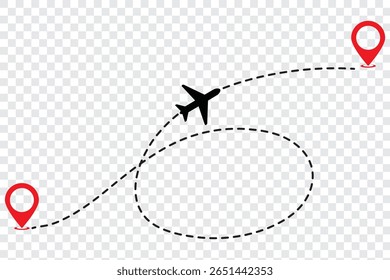 Design de estilo plano de trajeto de linha tracejada do avião isolado no plano de fundo branco. ícone plano siga do ponto de início do pino para terminar por linha tracejada. Mapa de voo de rastreamento de rota de avião.