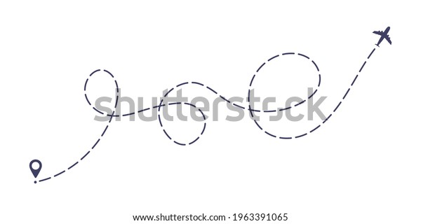 Airplane dashed line path flat style design vector\
illustration isolated on white background. The plane icon follow\
from start pin point to finish by dashed line. Airplane route trace\
flight air map.