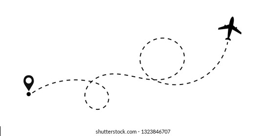 Airplane dashed lines path with start point and dash line trace. Around the world travel concept. Isolated on white background. vector illustration.