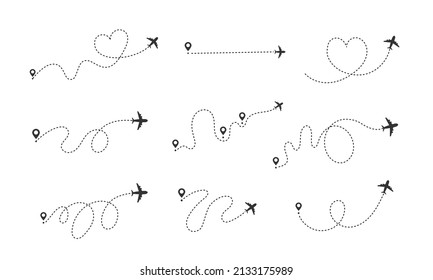 Airplane dashed lines path with start point and dash line trace vector set