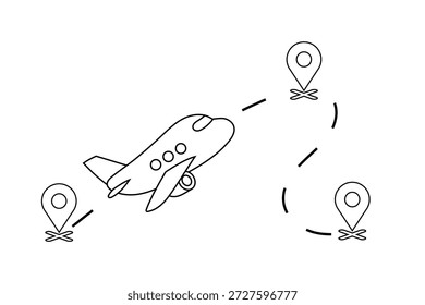 Avião com rota de viagem tracejada e pinos de mapa. Ilustração da trajetória de voo de linha mostrando vários destinos, isolados em fundo branco.